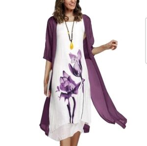Fashion Mia Gauze Vintage Flower Art Print Dress White Plum Size XL New